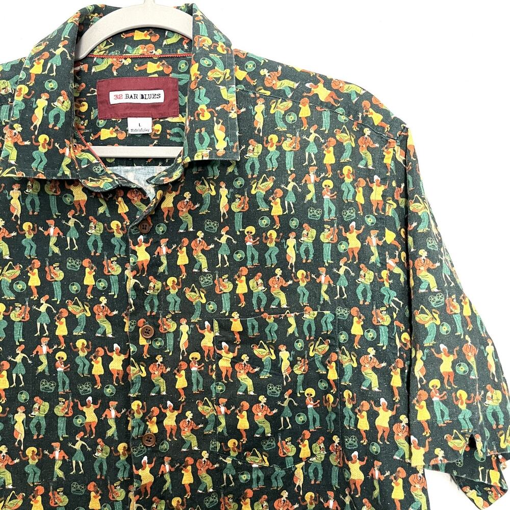 32 BAR BLUES Jazz Music Button Up Short Linen Sleeve Shirt Mens XL Retro Dance